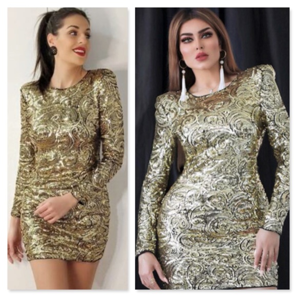 Gold Sequin Exaggerated Shoulder Mini Party Dress - Picture 7 of 8